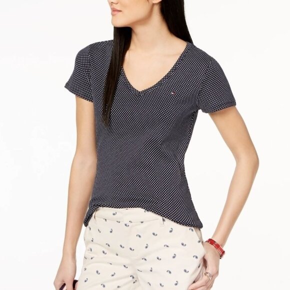Tommy Hilfiger Womens V-Neck T-Shirt Size S Navy Polka Dots Short Sleeves Casual - Picture 1 of 12